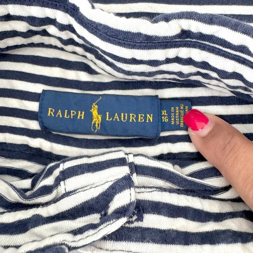 Ralph Lauren Polo Shirt Mens XL Navy‎ White Striped Button Down Pocket Pony Logo